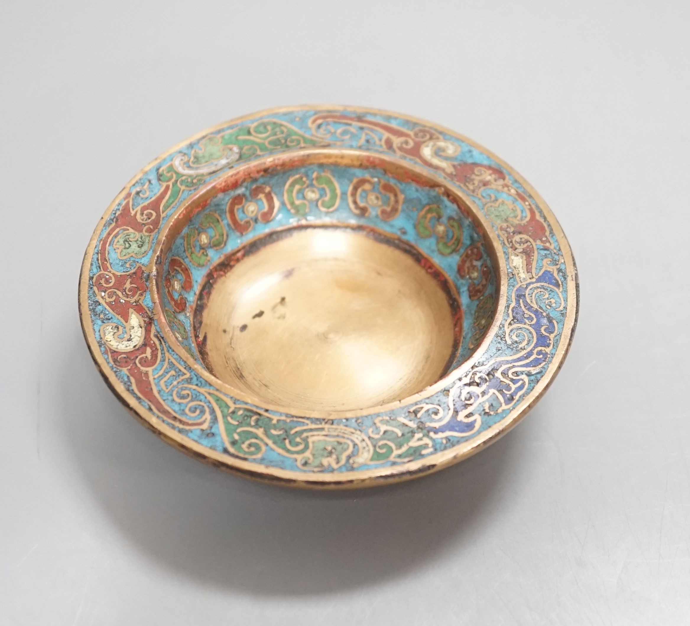 A Chinese champleve enamel bronze tripod censer, diameter 12cm